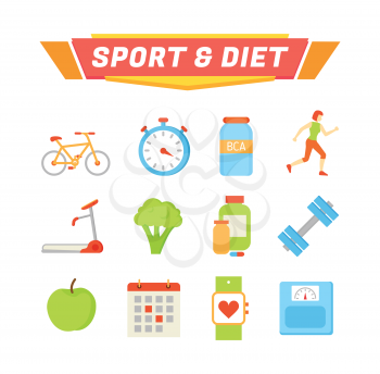 Sport and diet poster and icons set. Bicycle and treadmill exercises, apple broccoli veggie and fruit, calendar and smartwatch. Running lady vector