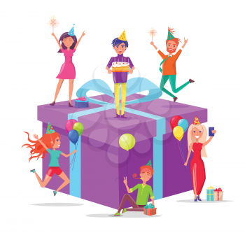 Birthday present prepared by people vector, man standing with creamy cake and candles. Woman taking selfie with inflatable balloons, lady with sparkler