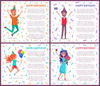 Happy birthday people on party vector, man and woman celebrating, text poster. Male holding flag, lad with inflatable balloons, wine and roses bouquet