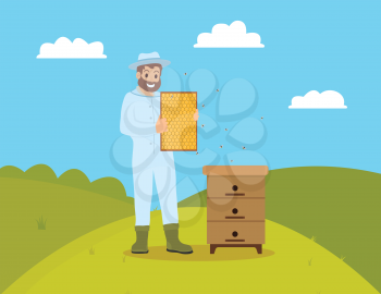 Beekeeper beekeeping man wearing gloves and mask. Farmer male holding honeycomb and tending bees. Rural worker, apiculturist on fields hill vector