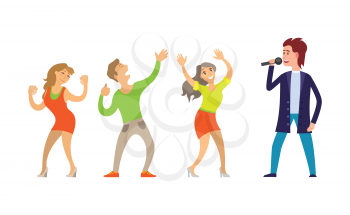 Musician giving performance for people dancing on music vector. Partying in club, clubbing male and females, couple and woman dancers relaxing together