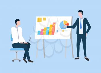 Presenter with presentation vector, conference of businessman. Male explaining business plan and analyze data information. Person with laptop listening