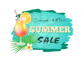 Discount summer sale banner isolated vector. Cocktail with cool beverage, orange slice and straw for drinking. Flower and tropical leaves decoration