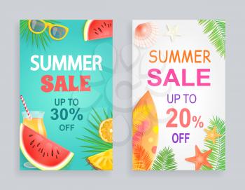 Summer sale discount offer vector posters with palm leaves and fruits. Watermelon and surfing board, cocktail and starfish. Sunglasses and orange, summertime banners
