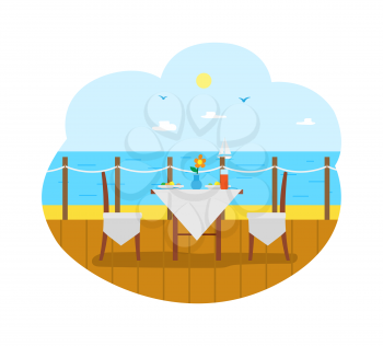 Table with tablecloth vector, restaurant terrasse exterior near watter. Wooden pier with seascape look, sea and ocean view, flower in vase and plate with food vacation