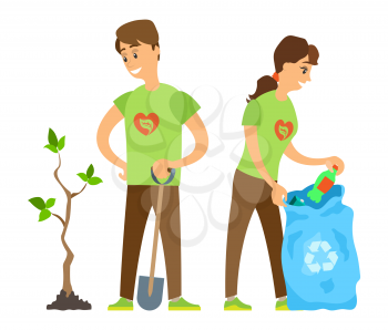 Man holding shovel, male seedling plant, vounteer woman activist putting bottle in bag, environment caring, smiling volunteers gardening tree and scavenging vector