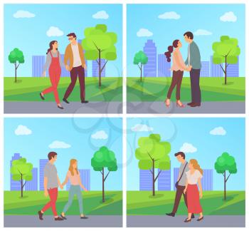 People walking in city park vector, town with skyscrapers and trees greenery, man and woman holding hands strolling enjoying company of each other, weekend in park, love dating