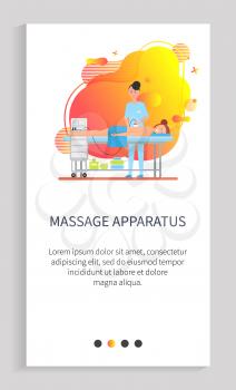 Massage apparatus vector, client laying on table and relaxing, pain relief and rest of muscles. Masseuse with special equipment machinery. Website or app slider template, landing page flat style