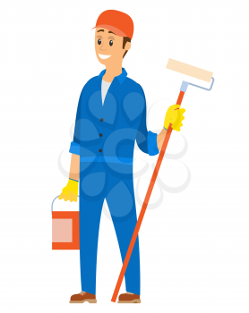 Male working at work vector, building and design of houses, interior creation, person holding paint roller and bucket with paint, isolated character