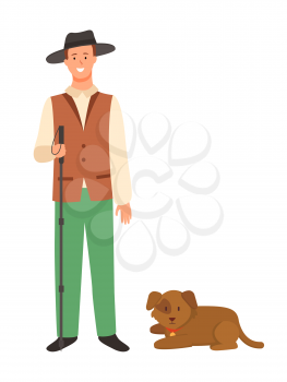 Farmer with dog isolated cartoon character in hat. Vector smiling man with stick and adorable brown puppy, agriculture and kinology concept, person and pet