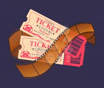 Cinema tickets vector, admission and entrance piece of paper with qr code and seats, date and info of purchase. Weekends entertainment and relaxation