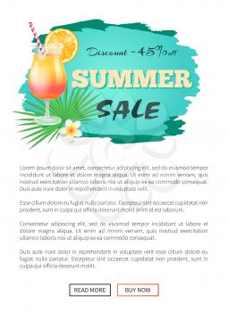 Discount summer sale web banner with cocktail with cool beverage, orange slice and straw for drinking. Flower and tropical leaves on promo labels