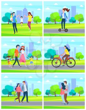 Youth riding scooter vector, person on bike bicycle ride of woman, couple walking in city park, family day of mother and father with children set