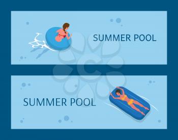 Summer pool, woman sunbathing on rubber circle, female relaxing on inflatable circle in water, aqua activity. Portrait and back view of people vector