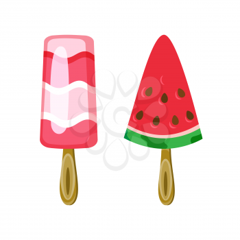 Colorful ice-cream on wooden stick, pink frozen juice in stripes and in shape of watermelon isolated on white, bright glossy sweet, summer dessert vector