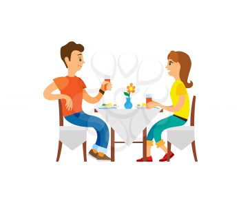 Vacation of couple, restaurant and cafe vector. People drinking juice, man and woman eating, table with vase and flowers. Eatery elegant breakfast