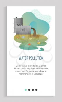 Water pollution vector, polluted liquid of dirty color with garbage and litter, organic waste apple , metal can and jar floating in river environmental. Earth day. Slider for ecology app, save planet