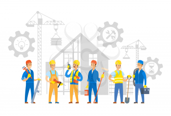 People working on new building construction vector, man with cable electrician and person holding shovel, gears and cogwheels, character with case