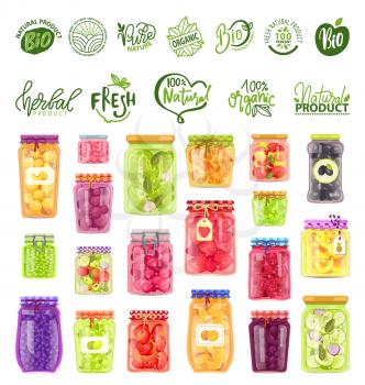 Natural ingredients vector, isolated set of logotypes eco meal and preserved food in pots, strawberries and raspberries, olives and peas, oranges tomato. Preserves jars with eco stikers