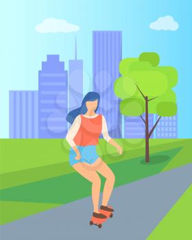 Woman character skateboarding in city park with buildings and trees. Teenager or adult girl standing on skateboard, skater in casual clothes, vector