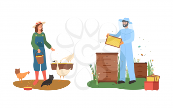 Woman feeding chicken and goose, man in uniform holding hives with honey, agricultural workers, beekeeper and farmer portrait view, country farmland vector