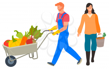 Harvesting farmer with carriage and products vector, isolated man and woman. Lady carrying basket with carrots. Character with pumpkin and beetroot