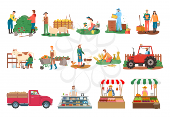 Farm activities vector, beekeeper and people cutting bushes, harvesting man and woman, milkmaid with cow, lady feeding chickens, tractor and sellers. Farmers market. Man and woman farming