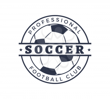 Professional soccer football club badge closeup icon. Ball spherical object with patches, simple element of playing sport game vector label design