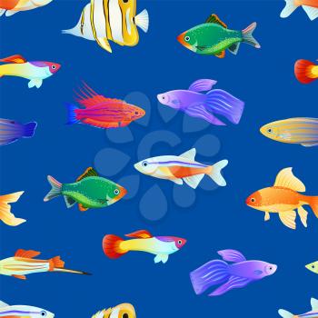 Seamless pattern with big color marine creatutes cartoon vector illustration. Print for textile or fabric with sea inhabitants, cartoonish wallpaper.