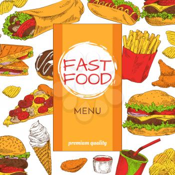 Fast food menu premium quality. Ice cream chocolate donut desserts. Hamburger with salad leaves and cheese, soft french fries vector illustration