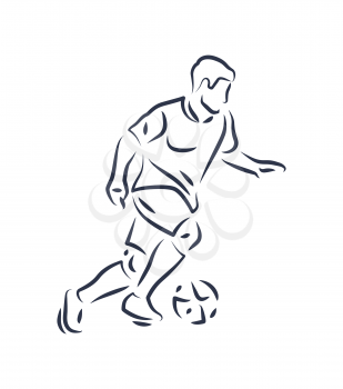 Footballer male running with ball sketch outline. Sportive man with footballs rounded item in motion fights for fame of his club vector illustration