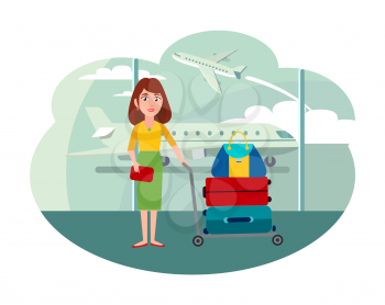 Woman with trolley full of baggage at airport. Girl wants to move in other country. Female character waits for plane isolated vector illustration.