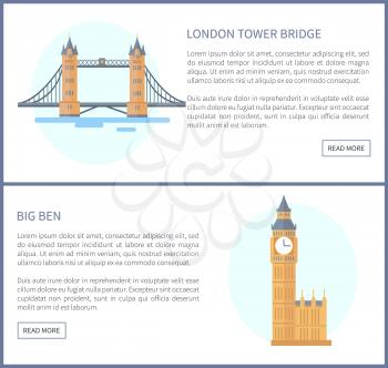 London Tower Bridge washed by Thames and Big Ben in England, web pages with headline, text sample, clock and road collection, vector illustration