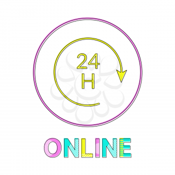 Online all day vector, linear outline style. Twenty four hour with rounded arrow sign gadget concept and web design simple line icon in circle contour