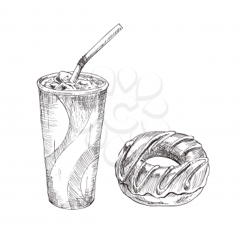 Cola paper cup with dessert vector monochrome illustration. Donut fast food icons, badge in sketch style for restaurant menu and cafe cover template