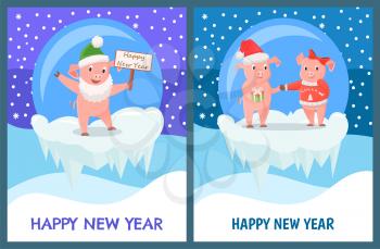 Happy New Year greeting cards with pigs boy and girl giving presents to each other. Piglet with sign board in snowy ball, cliff of ice vector, snowflakes