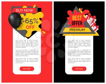 Best discount and products, 65 percent sale vector web site templates. Present boxes bought in shops and stores with promotion and propositions offers