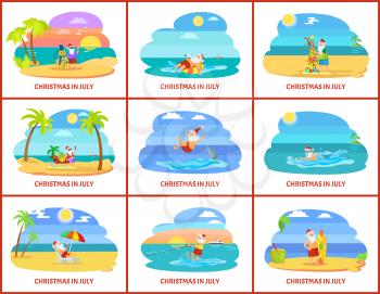 Christmas winter holiday celebrating in summer vector. Santa Claus character with presents and gifts in form of tree, surfing board and palm trees