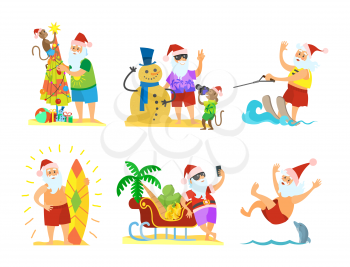 Santa Claus decorating umbrella, snowman and monkey, sleigh full of fruits, skiing on water, diving with dolphins, New Year in hot countries, vector