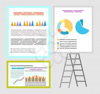 Infographics and infocharts, whiteboard charts vector. Board with information and explanation, data in visual representation, visualization diagrams