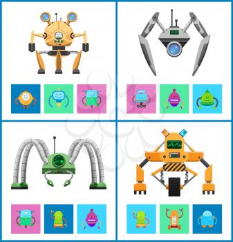 Droids four vector illustrations, colorful posters, white backdrops, squares with droids icons, futuristic machines set, curved legs, various displays