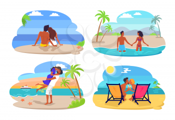 Couple seaside collection, summertime and people by seaside, couples in love kissing and cuddling, vector illustration isolated on white background