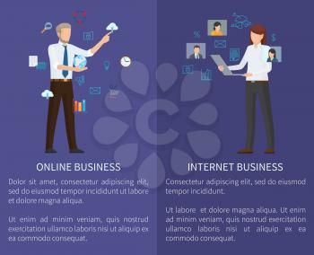 Internet and online business set of posters with text sample and headlines, internet and online business, collection isolated on vector illustration