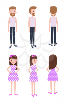 Guy in casual clothes and girl in polka-dot dress. Male and female characters models from all foreshortening isolated cartoon vector illustrations.