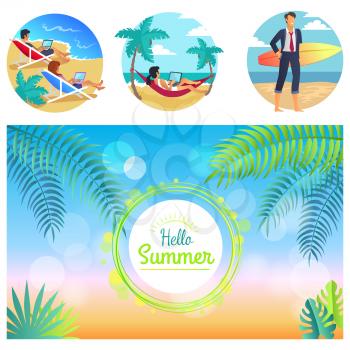 Hello summer 2017, colorful poster with lettering in circular frame with bokeh and light, people working at beach, isolated on vector illustration