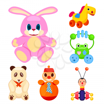 Fluffy pink bunny, horse on wheels, frog beanbags, cute panda, roly-poly in tie and beetle xylophone vector illustrations.