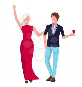 Two happy lovers dressed casually stand smiling. Man has glass of wine and woman holds his hand. Vector illustration with people isolated on white background