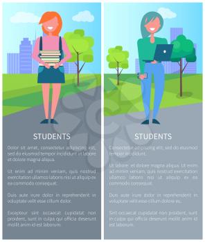 Students on background of city, description with girls holding laptop and books. Vector illustration with schoolgirls poster with text