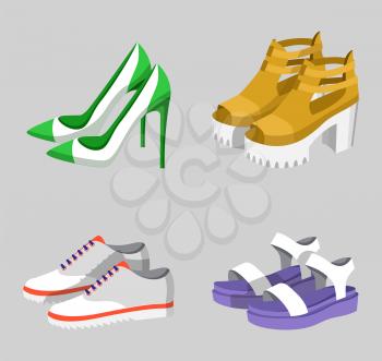 Summer mode shoe collection, set of pairs of footwears with heels and on platforms, fashion for women, vector illustration isolated on grey background