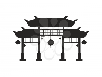 Chinese arches with round lanterns black silhouette. Arches in traditional oriental architecture style shadow isolated cartoon vector illustration.